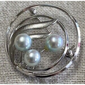 Signed SILVER  Three Light Blue pearls brooch flowers shape
